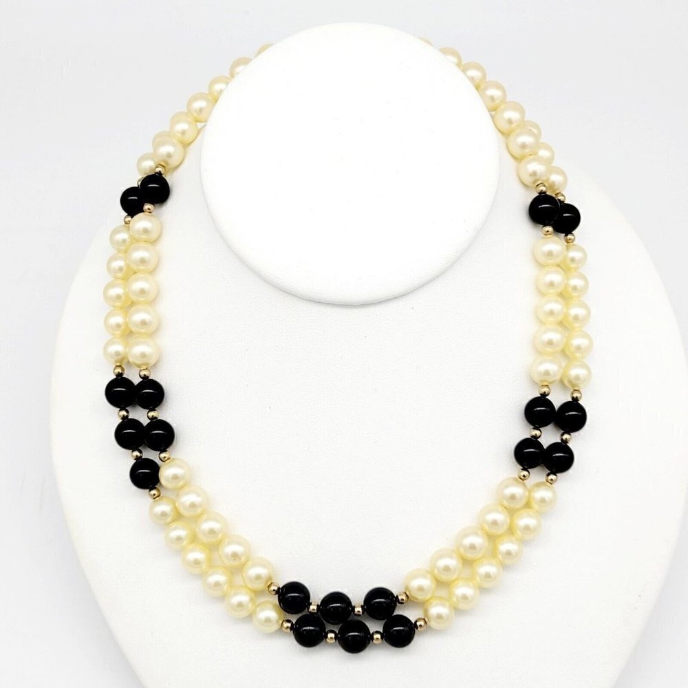Vtg Glass Faux Pearl Black Beaded Necklace 14/20 Gold Filled Clasp Double Strand - Picture 2 of 9